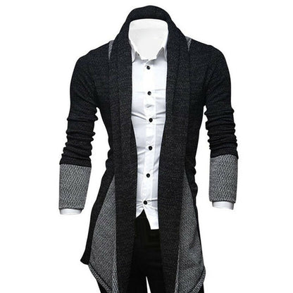 Men's longline textured cardigan with shawl collar, long sleeves and contrast panels