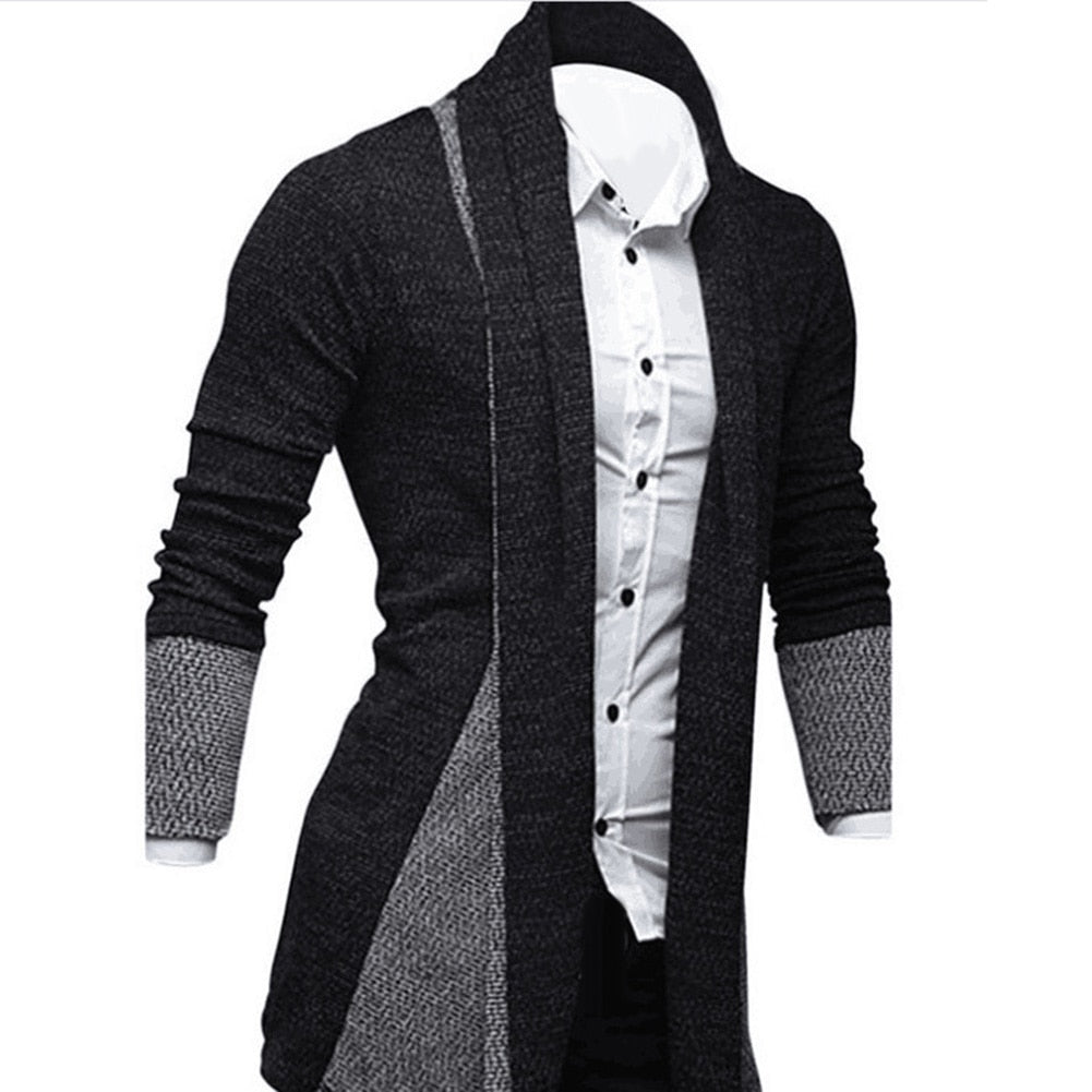 Men's longline textured cardigan with shawl collar, long sleeves and contrast panels