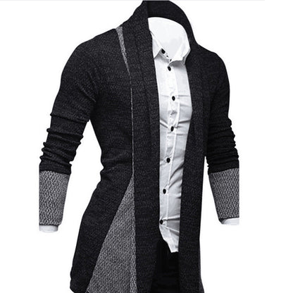Men's longline textured cardigan with shawl collar, long sleeves and contrast panels