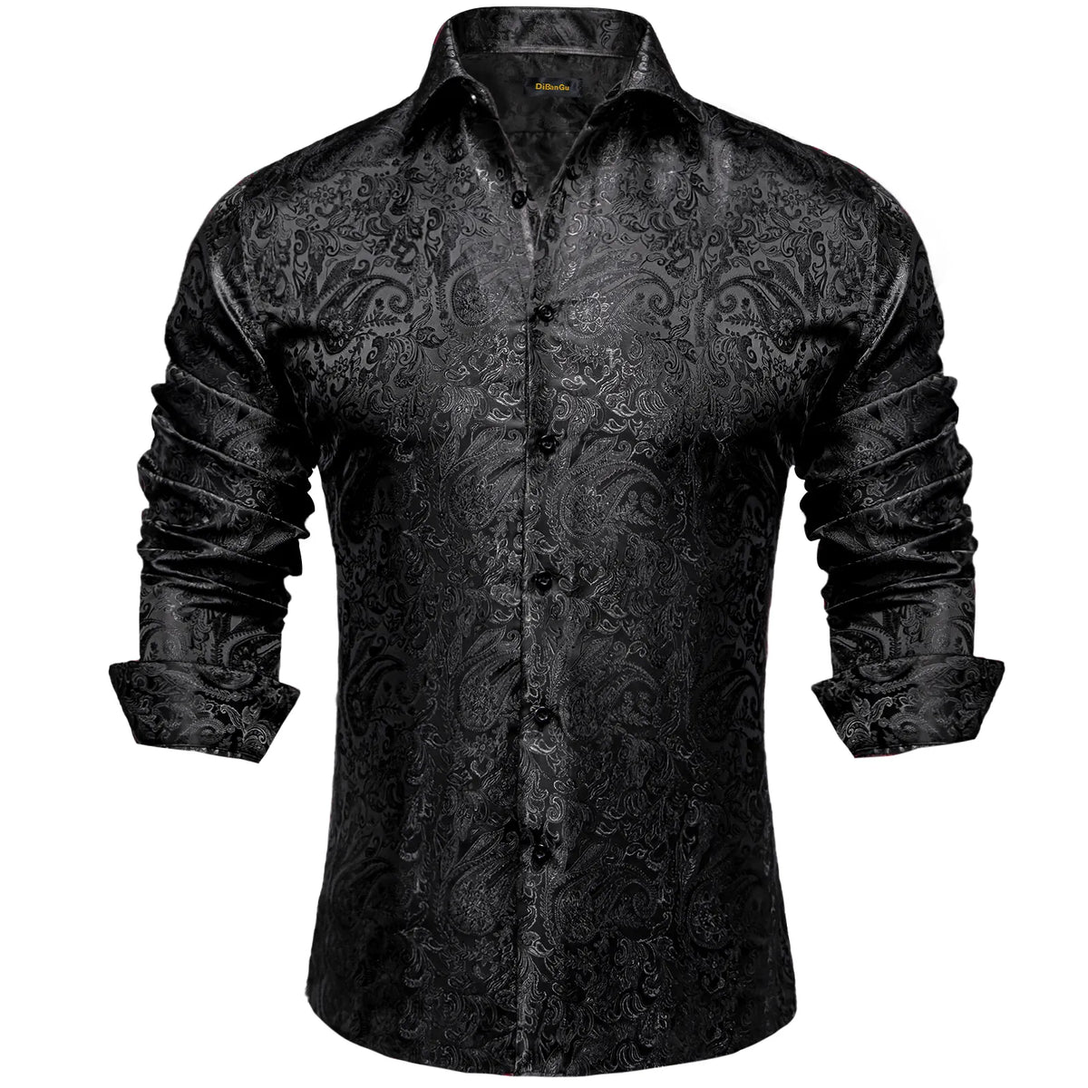 Men's black long-sleeve paisley shirt with pointed collar and button front