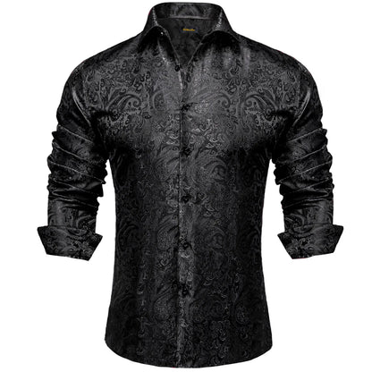 Men's black long-sleeve paisley shirt with pointed collar and button front