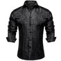Men's black long-sleeve paisley shirt with pointed collar and button front