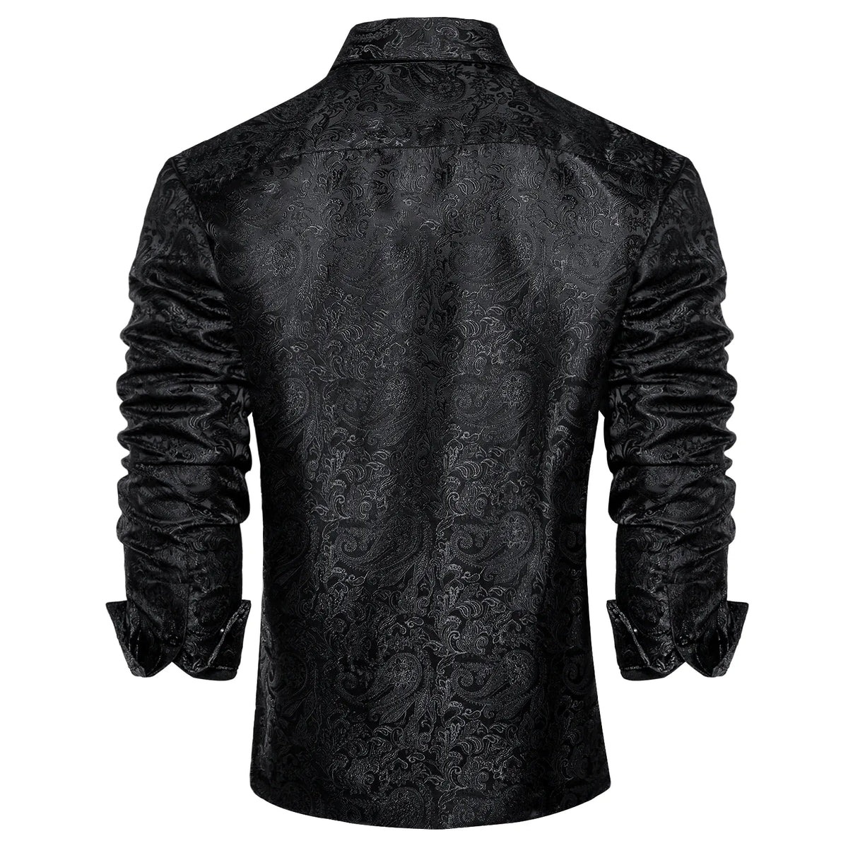 Men's black long-sleeve paisley shirt with pointed collar and button front