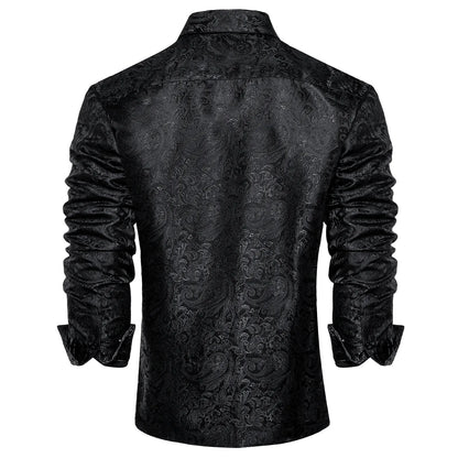 Men's black long-sleeve paisley shirt with pointed collar and button front