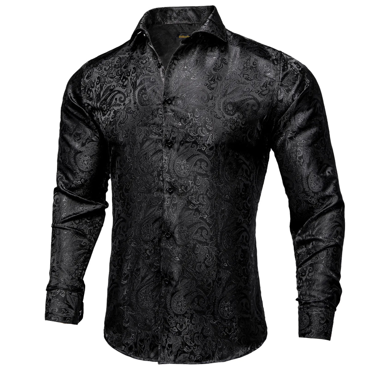 Men's black long-sleeve paisley shirt with pointed collar and button front