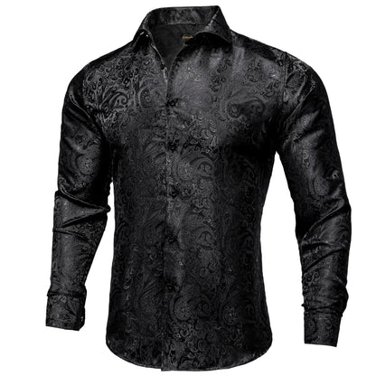 Men's black long-sleeve paisley shirt with pointed collar and button front