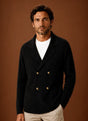 Men's knit cardigan sweater with lapels, double-breasted buttons and front pockets