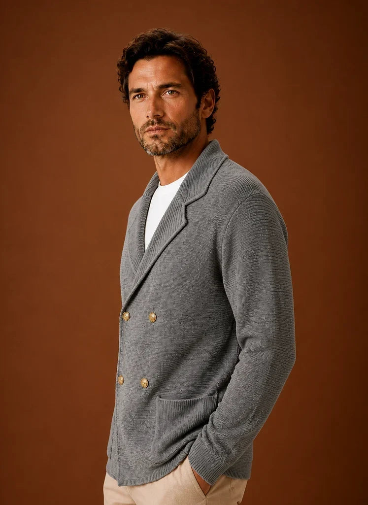 Men's knit cardigan sweater with lapels, double-breasted buttons and front pockets