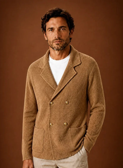 Men's knit cardigan sweater with lapels, double-breasted buttons and front pockets