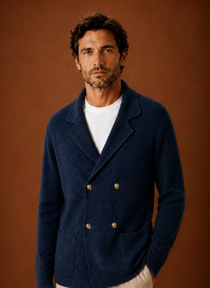 Men's knit cardigan sweater with lapels, double-breasted buttons and front pockets