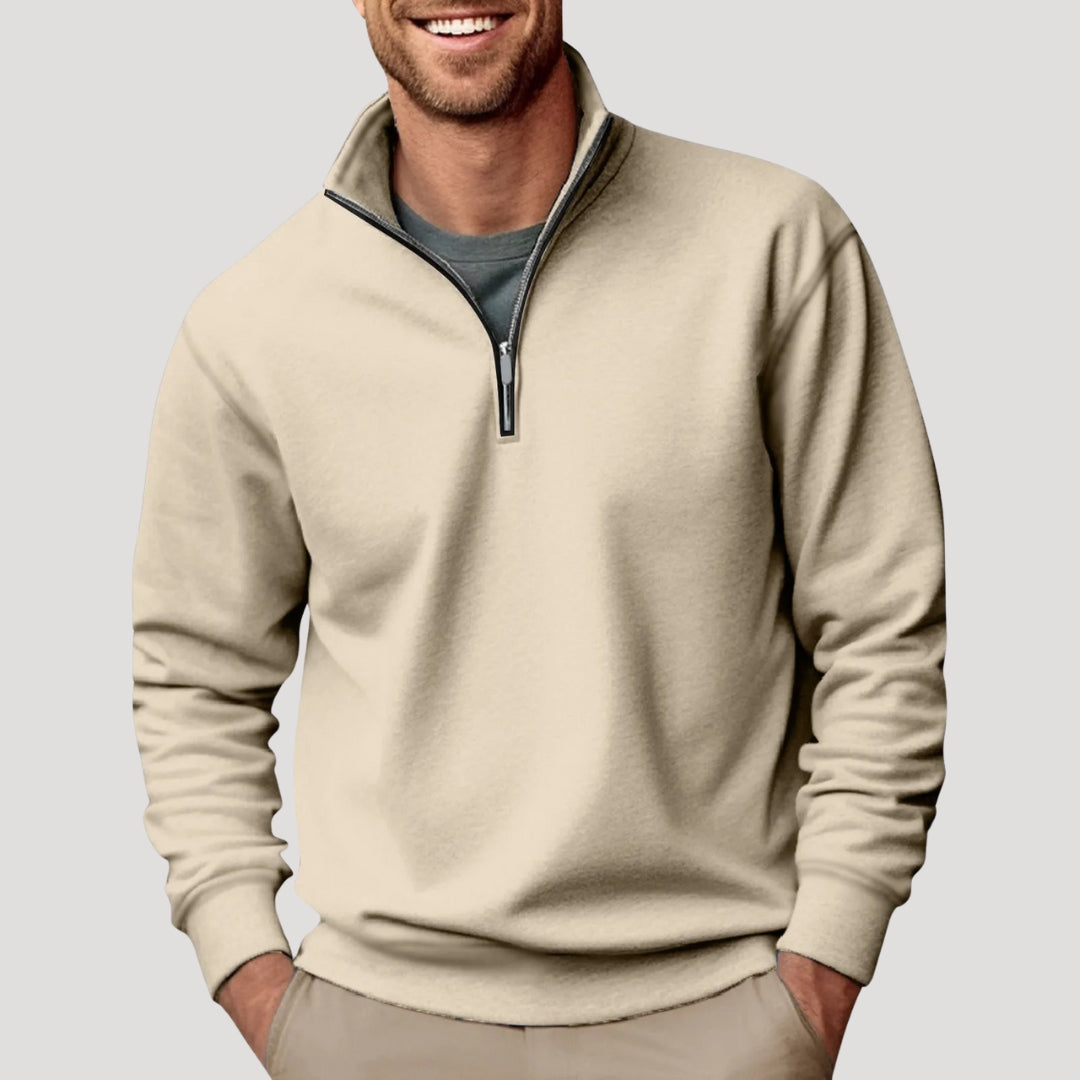 Men's quarter-zip sweatshirt with stand collar and ribbed trims