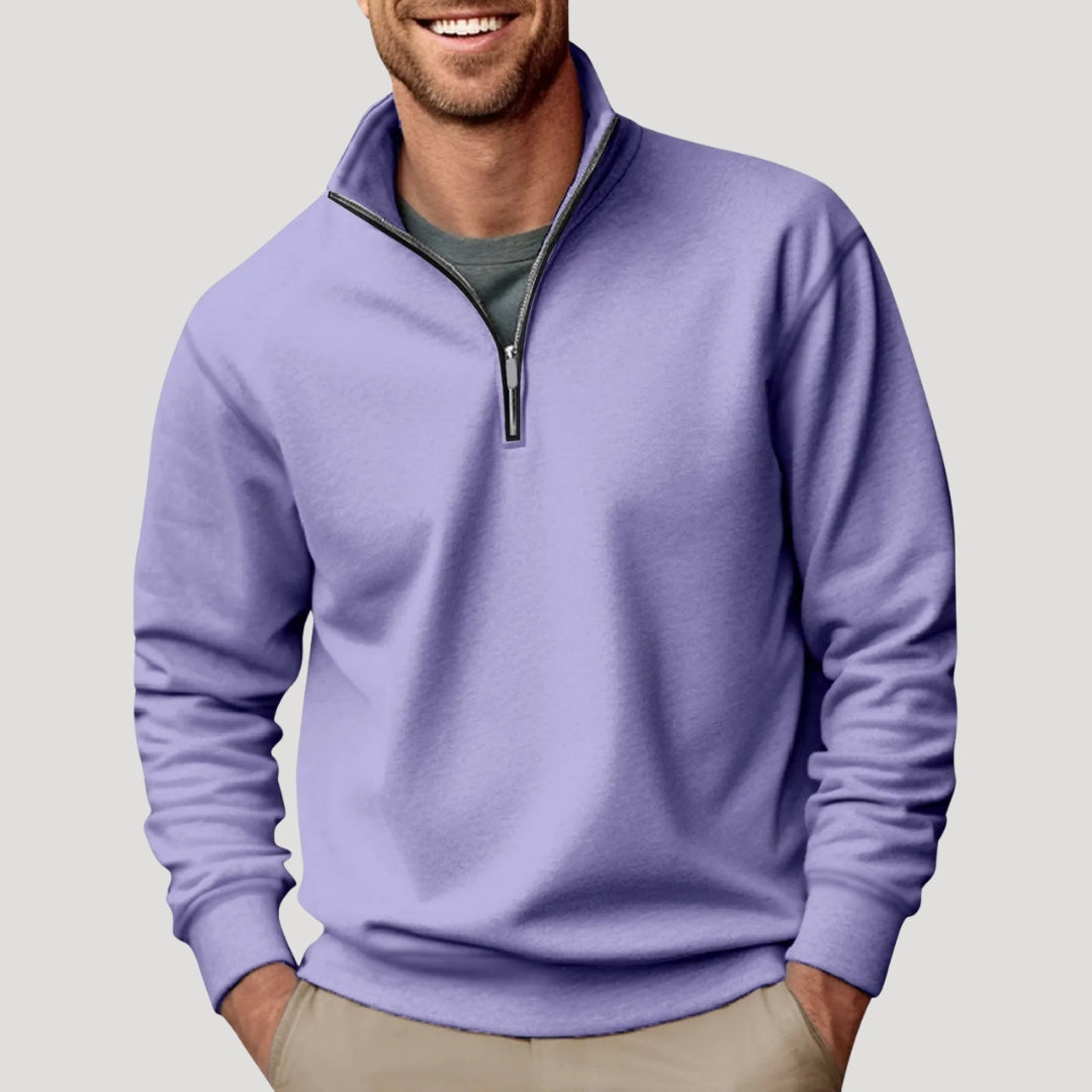 Men's quarter-zip sweatshirt with stand collar and ribbed trims