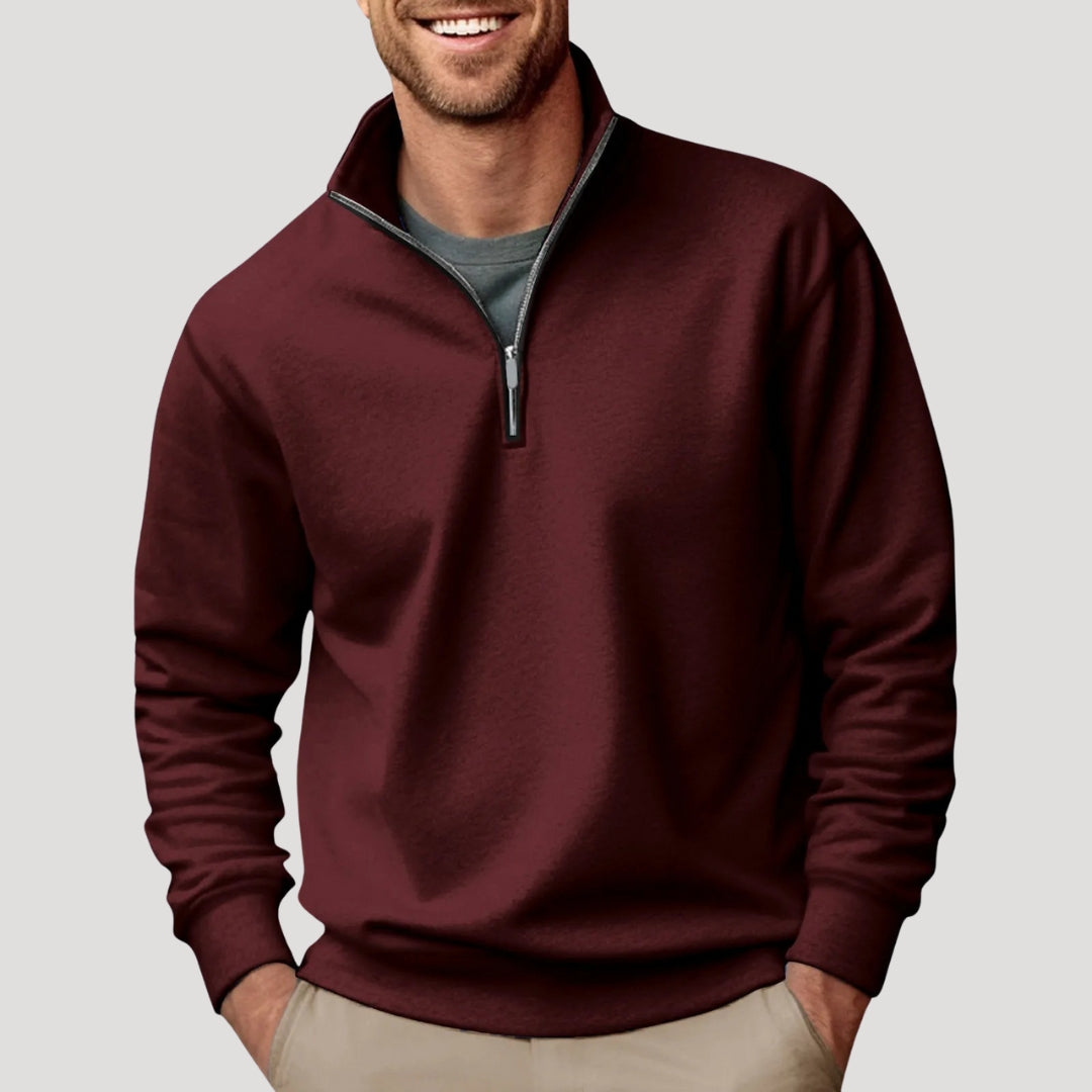 Men's quarter-zip sweatshirt with stand collar and ribbed trims