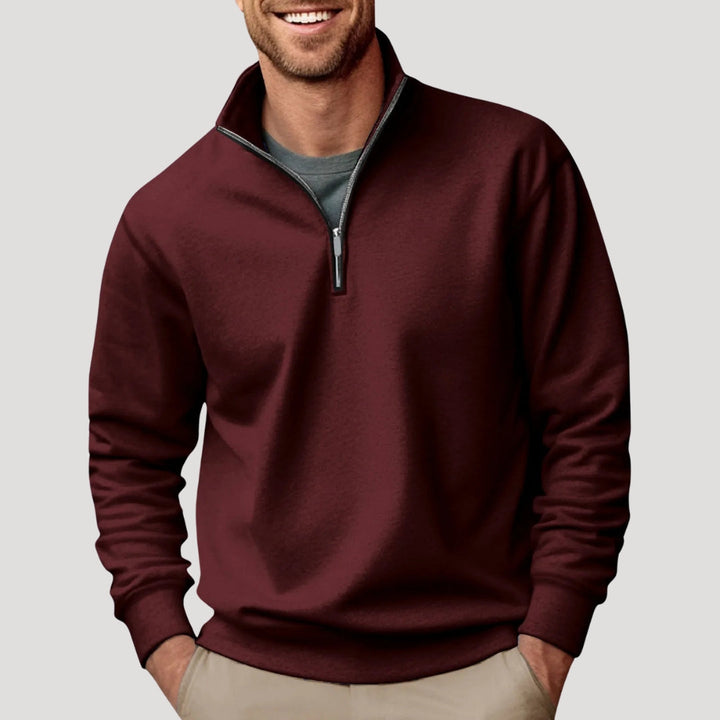 Men's quarter-zip sweatshirt with stand collar and ribbed trims