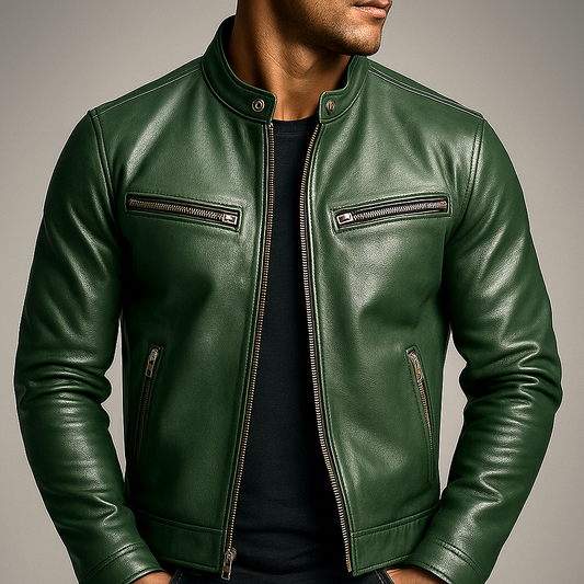 Men's leather motorcycle jacket with stand collar and zip pockets