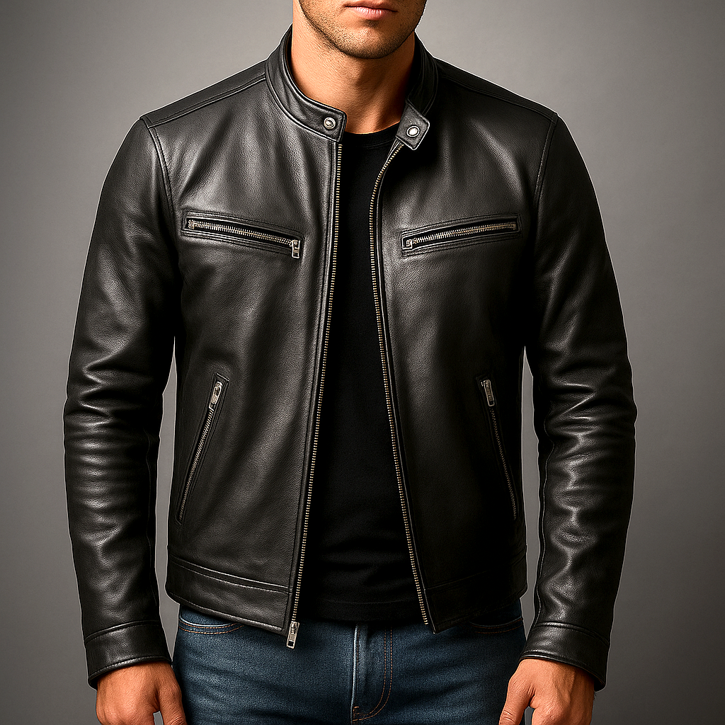 Men's leather motorcycle jacket with stand collar and zip pockets