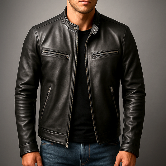 Men's leather motorcycle jacket with stand collar and zip pockets