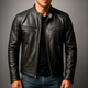 Men's leather motorcycle jacket with stand collar and zip pockets