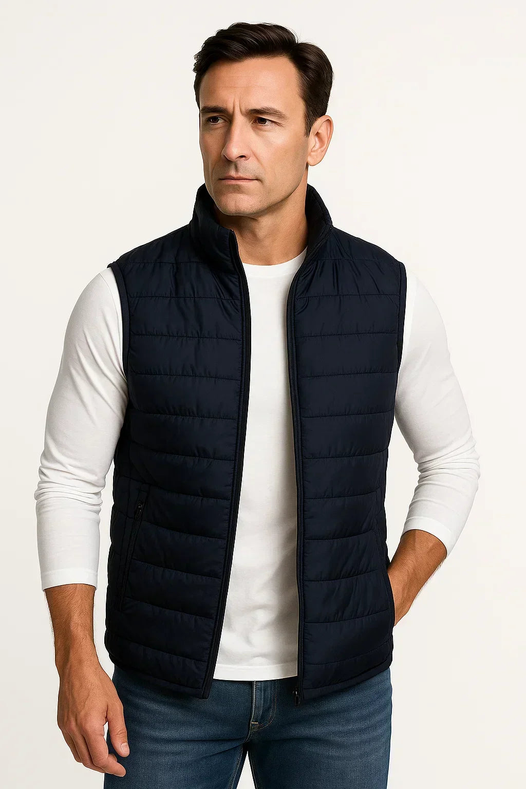 Men's quilted sleeveless puffer vest with mock neck and zip pockets