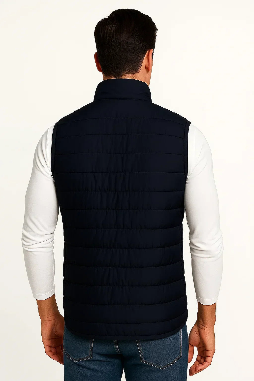 Men's quilted sleeveless puffer vest with mock neck and zip pockets
