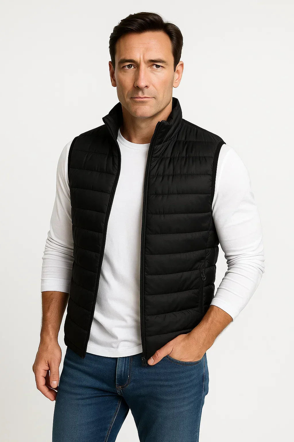 Men's quilted sleeveless puffer vest with mock neck and zip pockets