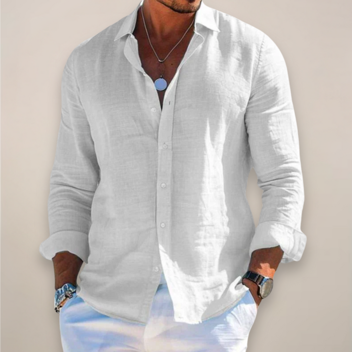 Men's light grey long sleeve collared shirt with button front closure
