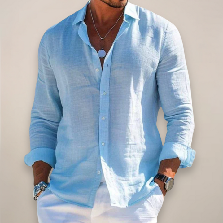 Men's light gray long sleeve button-up shirt, relaxed fit