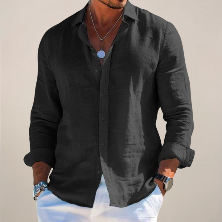 Men's light gray long sleeve button-up shirt, relaxed fit