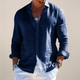Men's light grey long sleeve collared shirt with button front closure