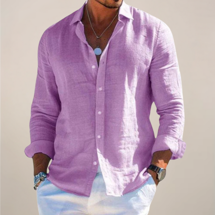 Men's light gray long sleeve button-up shirt, relaxed fit