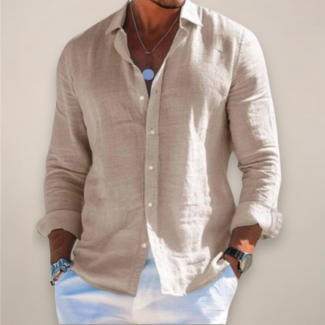 Men's light gray long sleeve button-up shirt, relaxed fit