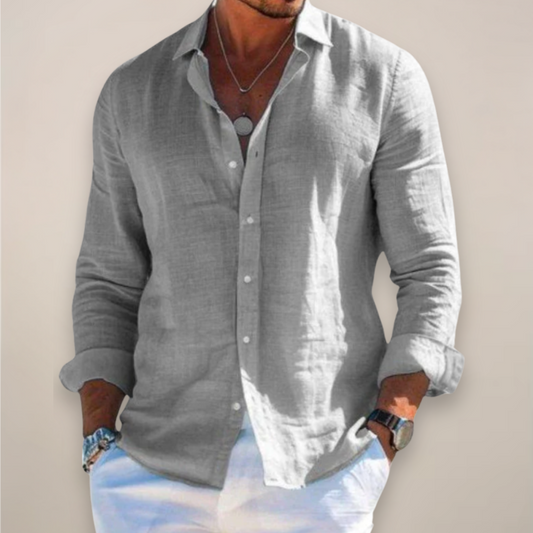 Men's light gray long sleeve button-up shirt, relaxed fit