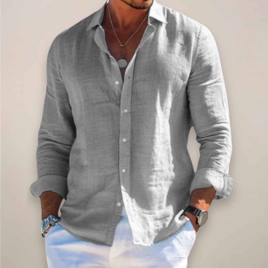 Men's light grey long sleeve collared shirt with button front closure