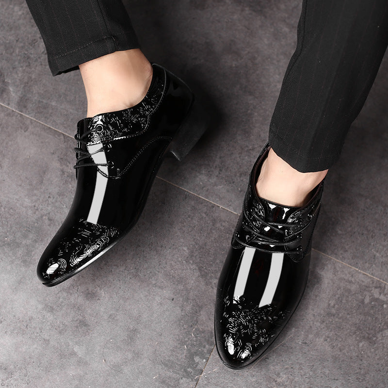 Men's Black Patent Derby Shoes, Embossed Detail Lace-Up Formal Dress Shoes for Black Tie