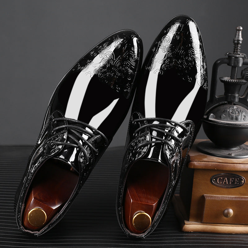 Men's Black Patent Derby Shoes, Embossed Detail Lace-Up Formal Dress Shoes for Black Tie