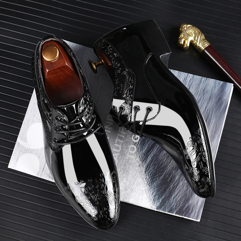 Men's Black Patent Derby Shoes, Embossed Detail Lace-Up Formal Dress Shoes for Black Tie