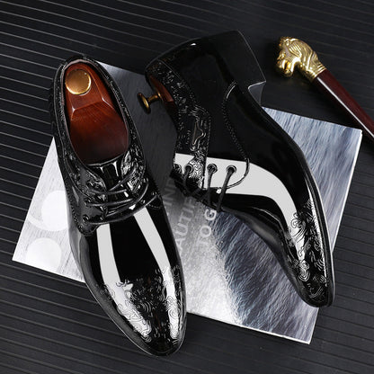 Men's Black Patent Derby Shoes, Embossed Detail Lace-Up Formal Dress Shoes for Black Tie