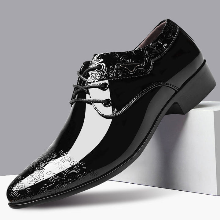 Men's Black Patent Derby Shoes, Embossed Detail Lace-Up Formal Dress Shoes for Black Tie