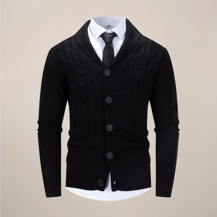 Men's cable knit cardigan with shawl collar and buttons