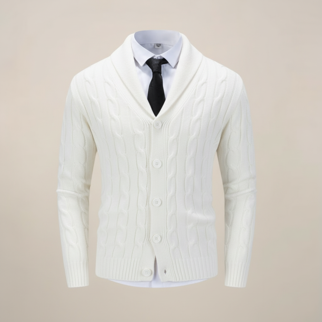 Men's cable knit cardigan with shawl collar and buttons