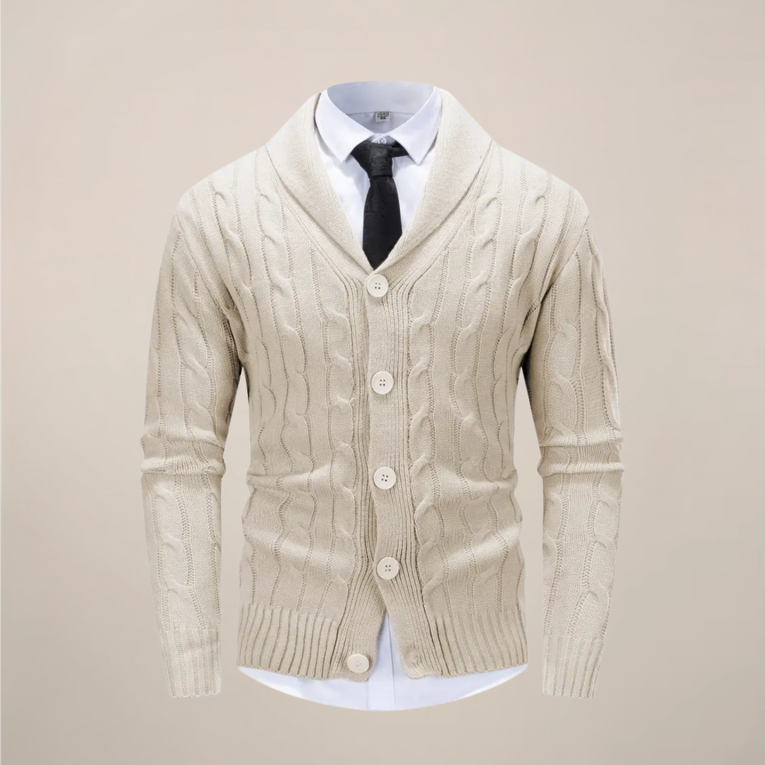 Men's cable knit cardigan with shawl collar and buttons