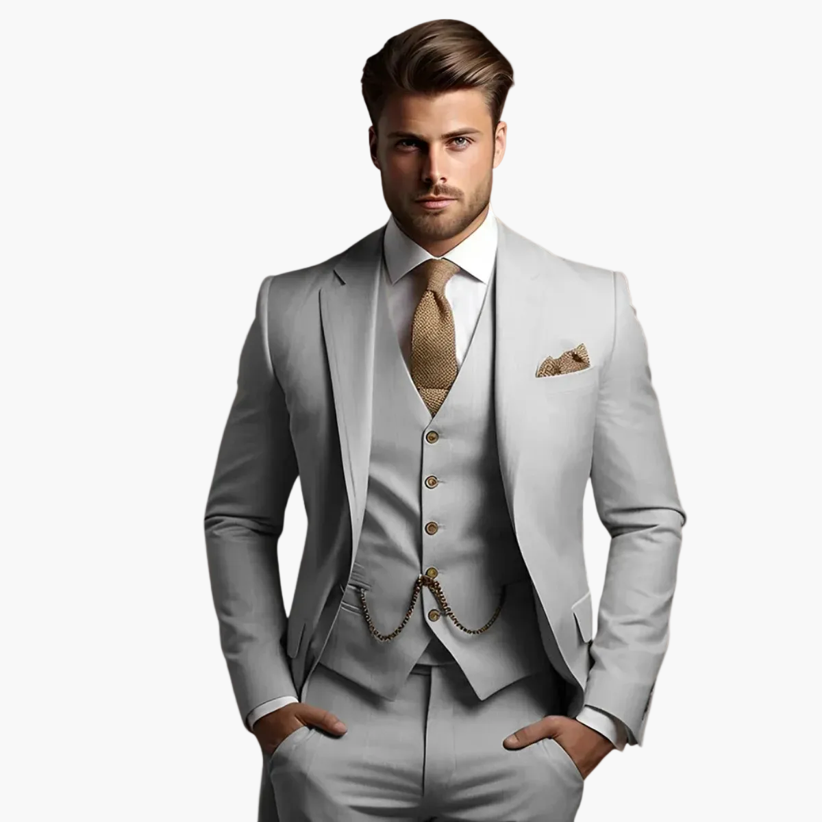 Men's three-piece slim fit suit with button jacket, waistcoat and matching trousers