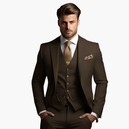 Men's three-piece slim fit suit with button jacket, waistcoat and matching trousers