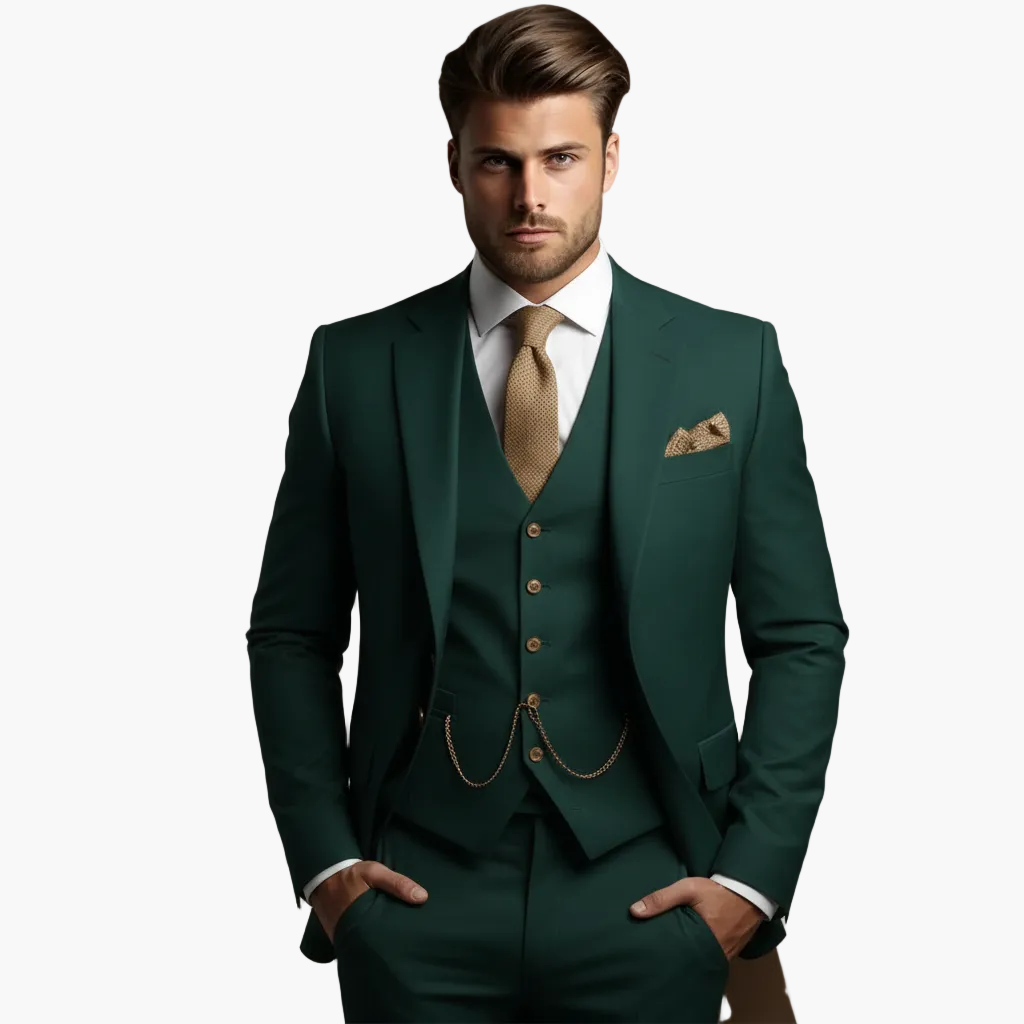 Men's three-piece slim fit suit with button jacket, waistcoat and matching trousers