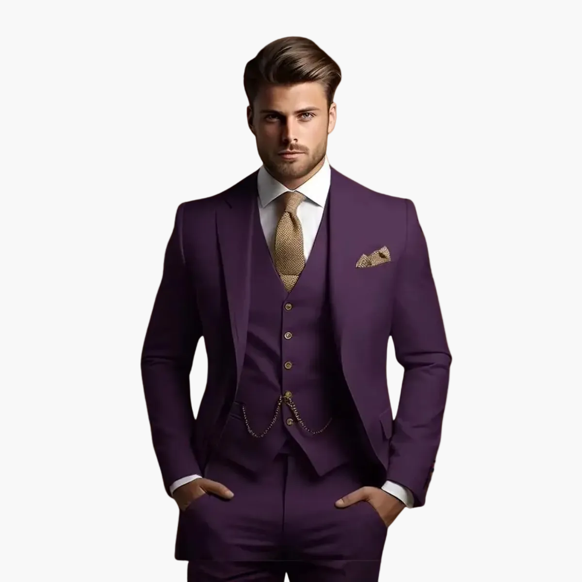 Men's three-piece slim fit suit with button jacket, waistcoat and matching trousers