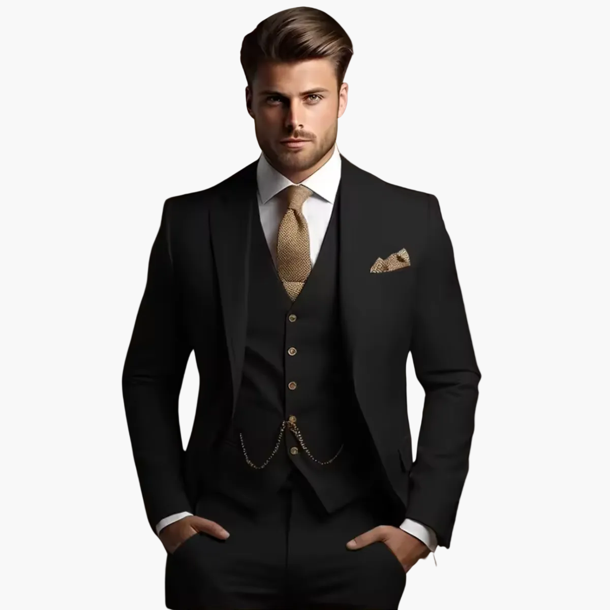 Men's three-piece slim fit suit with button jacket, waistcoat and matching trousers