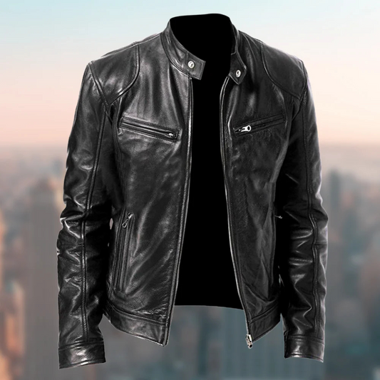 Structured moto jacket with stand collar, long sleeves and multiple zip pockets