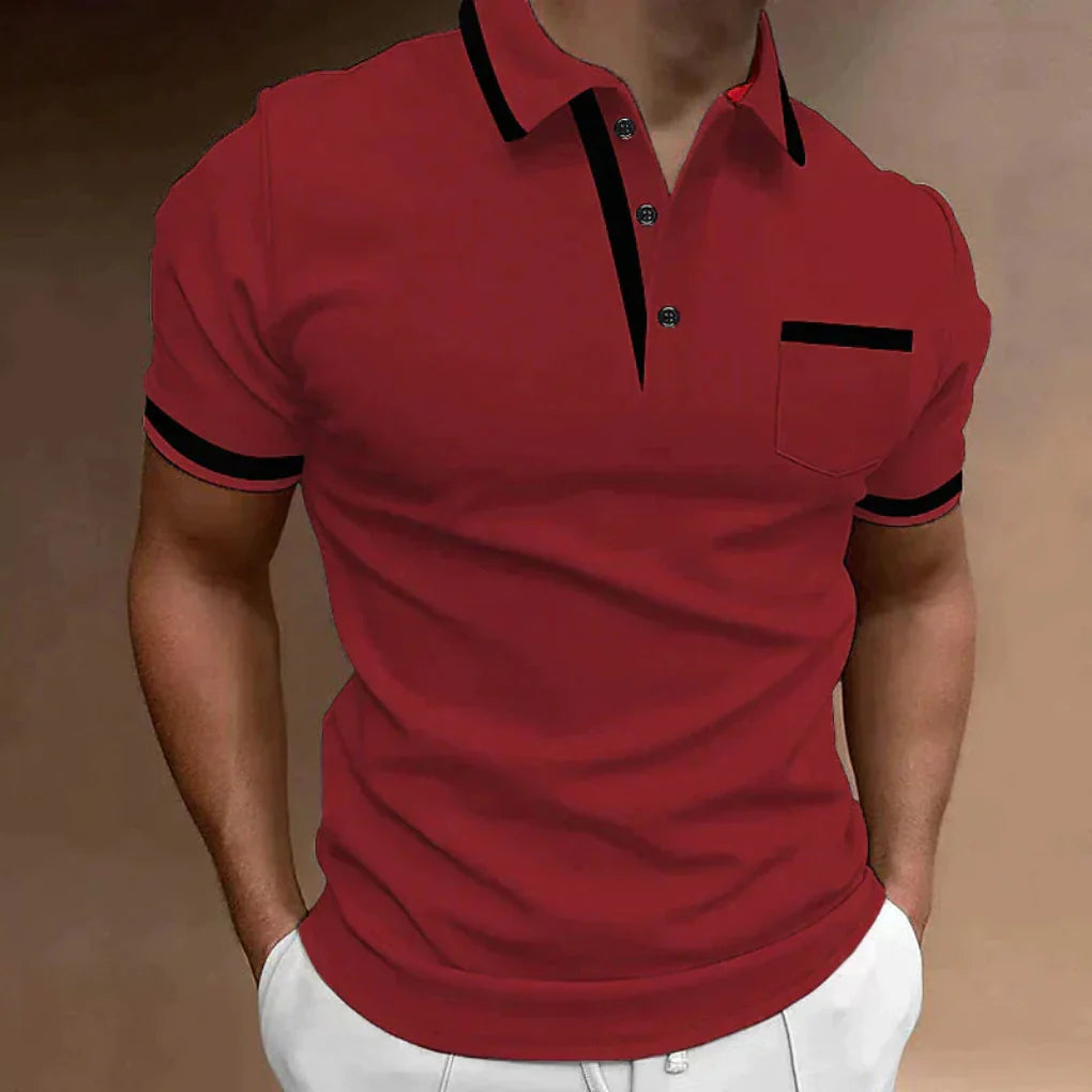 Men's white polo shirt with black contrast collar and sleeve trim