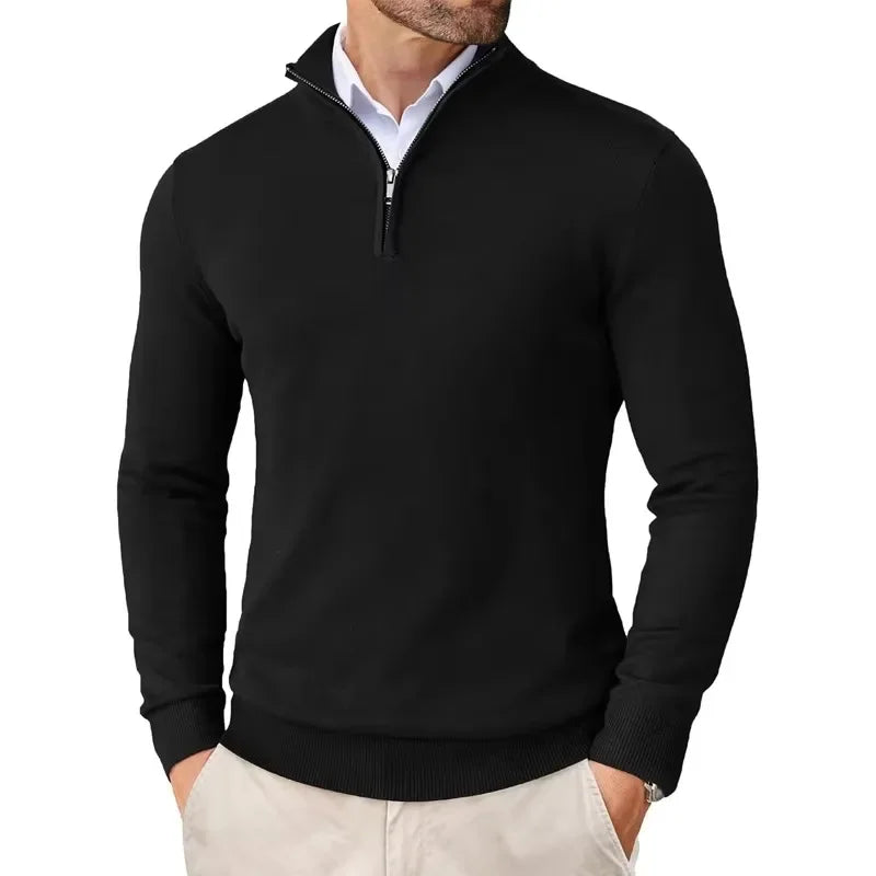 Men's long-sleeve textured knit sweater with a half-zip stand collar