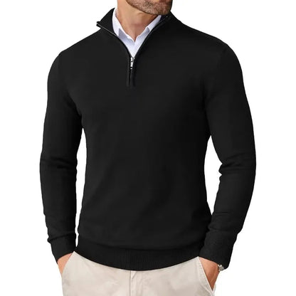 Men's long-sleeve textured knit sweater with a half-zip stand collar